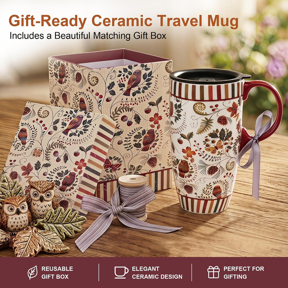 17oz Ceramic Travel Mug with Lid & Handle, Ceramic Coffee Mug | Woodland Forest Ceramic Coffee Mug, Nature Inspired Botanical Travel Cup, Microwave & Dishwasher Safe, Gift Box Included