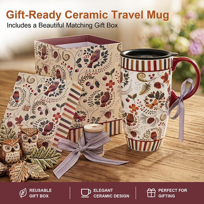 17oz Ceramic Travel Mug with Lid & Handle, Ceramic Coffee Mug | Woodland Forest Ceramic Coffee Mug, Nature Inspired Botanical Travel Cup, Microwave & Dishwasher Safe, Gift Box Included