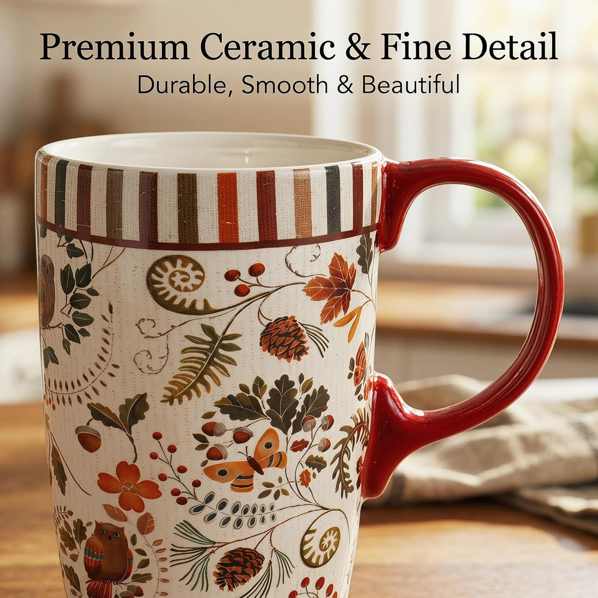 17oz Ceramic Travel Mug with Lid & Handle, Ceramic Coffee Mug | Woodland Forest Ceramic Coffee Mug, Nature Inspired Botanical Travel Cup, Microwave & Dishwasher Safe, Gift Box Included