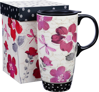 17oz Ceramic Travel Mug with Lid & Handle, Ceramic Coffee Mug | Woodland Forest Ceramic Coffee Mug, Nature Inspired Botanical Travel Cup, Microwave & Dishwasher Safe, Gift Box Included