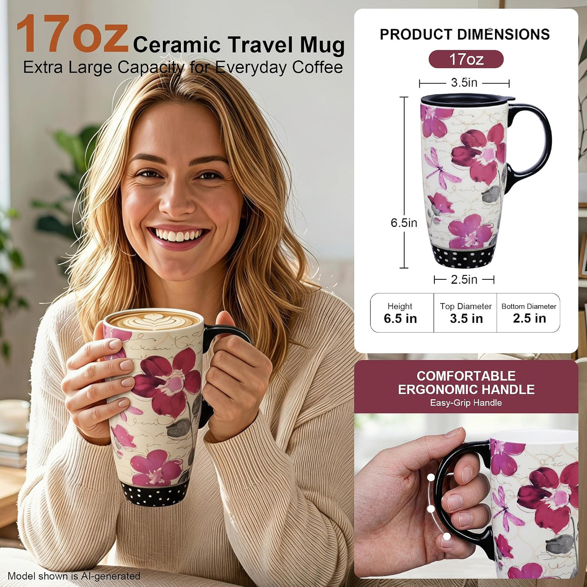 17oz Ceramic Travel Mug with Lid & Handle, Ceramic Coffee Mug | Woodland Forest Ceramic Coffee Mug, Nature Inspired Botanical Travel Cup, Microwave & Dishwasher Safe, Gift Box Included