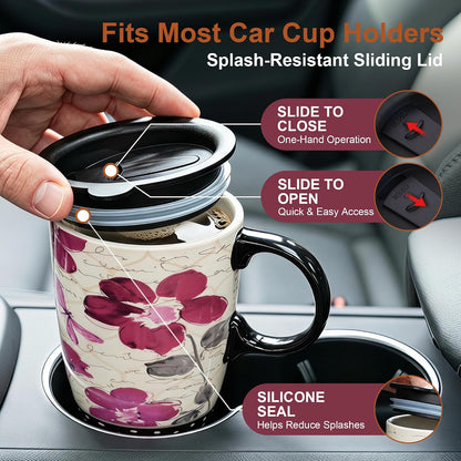 17oz Ceramic Travel Mug with Lid & Handle, Ceramic Coffee Mug | Woodland Forest Ceramic Coffee Mug, Nature Inspired Botanical Travel Cup, Microwave & Dishwasher Safe, Gift Box Included