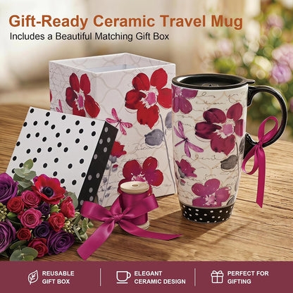 17oz Ceramic Travel Mug with Lid & Handle, Ceramic Coffee Mug | Woodland Forest Ceramic Coffee Mug, Nature Inspired Botanical Travel Cup, Microwave & Dishwasher Safe, Gift Box Included