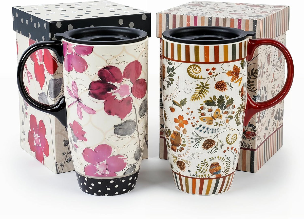 17oz Ceramic Travel Mug with Lid & Handle, Ceramic Coffee Mug | Woodland Forest Ceramic Coffee Mug, Nature Inspired Botanical Travel Cup, Microwave & Dishwasher Safe, Gift Box Included
