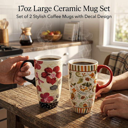 17oz Ceramic Travel Mug with Lid & Handle, Ceramic Coffee Mug | Woodland Forest Ceramic Coffee Mug, Nature Inspired Botanical Travel Cup, Microwave & Dishwasher Safe, Gift Box Included