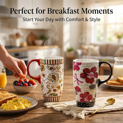 17oz Ceramic Travel Mug with Lid & Handle, Ceramic Coffee Mug | Woodland Forest Ceramic Coffee Mug, Nature Inspired Botanical Travel Cup, Microwave & Dishwasher Safe, Gift Box Included