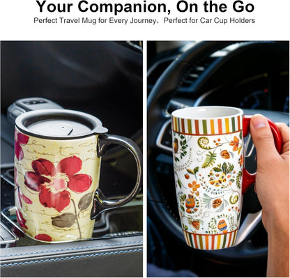 17oz Ceramic Travel Mug with Lid & Handle, Ceramic Coffee Mug | Woodland Forest Ceramic Coffee Mug, Nature Inspired Botanical Travel Cup, Microwave & Dishwasher Safe, Gift Box Included