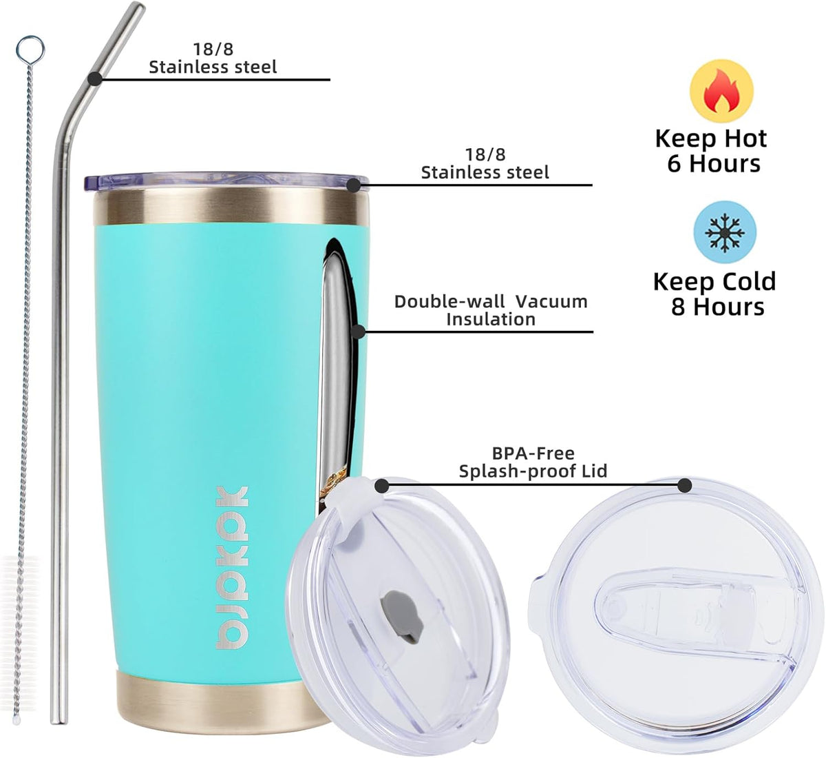 20oz Coffee Tumbler with Lid & Straw, Insulated Stainless Steel Mug | Double Wall Vacuum, Keeps Hot/Cold, BPA Free, Leak Proof, Iced Coffee Cup Fit Car Holder, Travel & Beach, Turquoise - Colors A