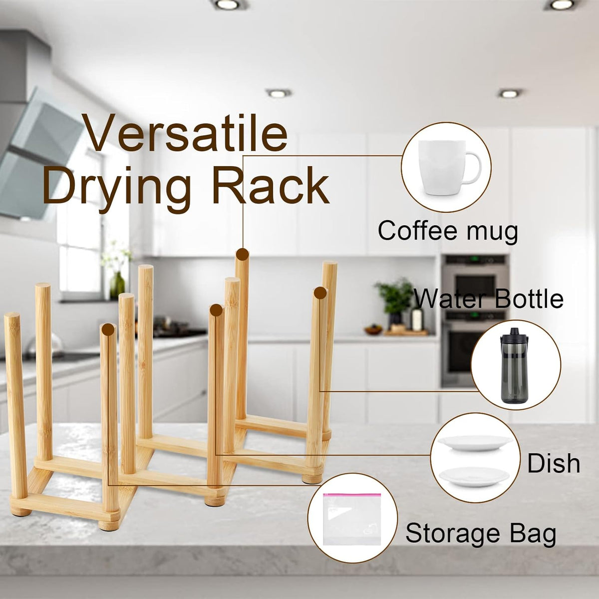 2 Pack Wooden Bottle Drying Rack - Retractable Bamboo Dish Drying Rack Stand for Water Bottles, Baby Bottles, Sippy Cups, Reusable Bags, Plates, Cutting Boards - Kitchen Counter Organizer