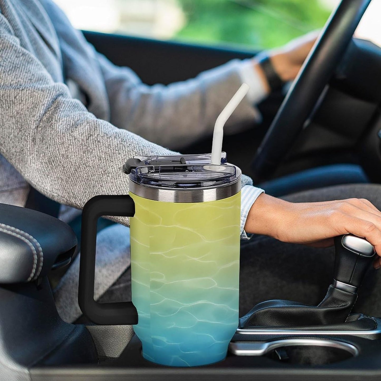 Leakproof Car Cup Vacuum Sealed With Lid For Office Crystal Clear Blue Water Ripple Print Drinkware Light Rose Red-style-5 - Colors F