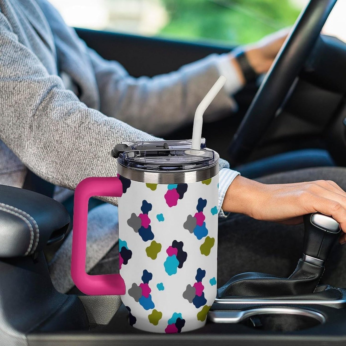 Leakproof Car Cup Vacuum Sealed With Lid For Office Crystal Clear Blue Water Ripple Print Drinkware Light Rose Red-style-5 - Colors F