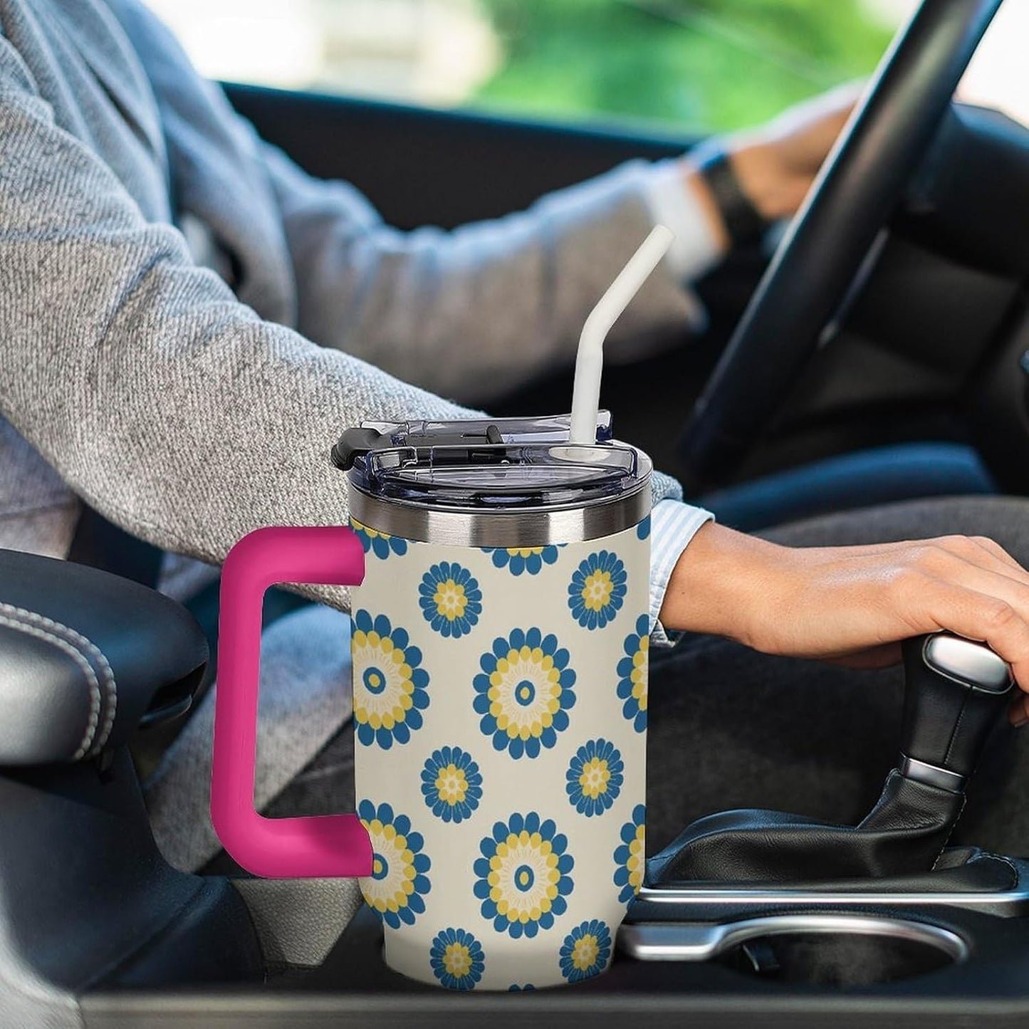 Leakproof Car Cup Vacuum Sealed With Lid For Office Crystal Clear Blue Water Ripple Print Drinkware Light Rose Red-style-5 - Colors F
