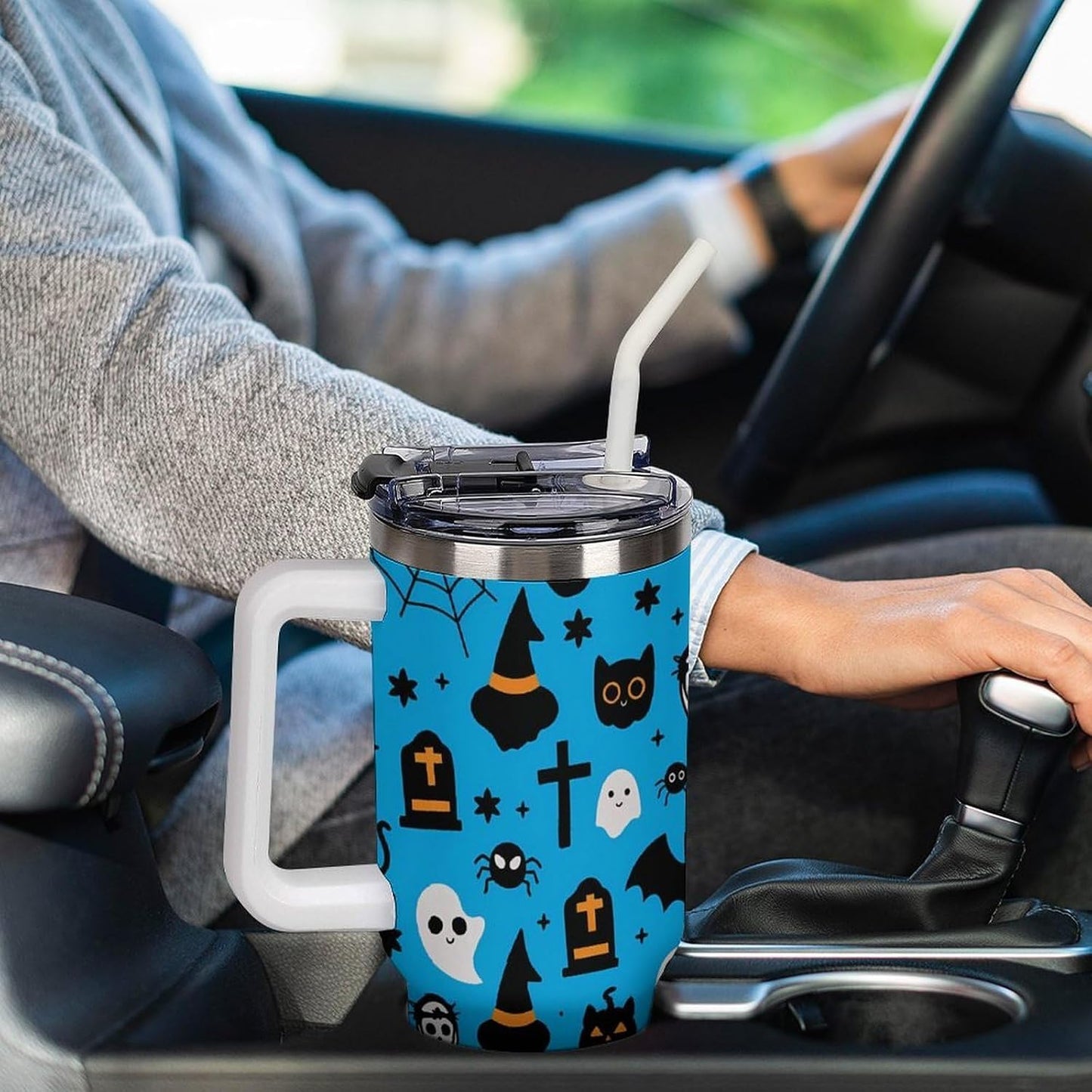 Leakproof Car Cup Vacuum Sealed With Lid For Office Crystal Clear Blue Water Ripple Print Drinkware Light Rose Red-style-5 - Colors F