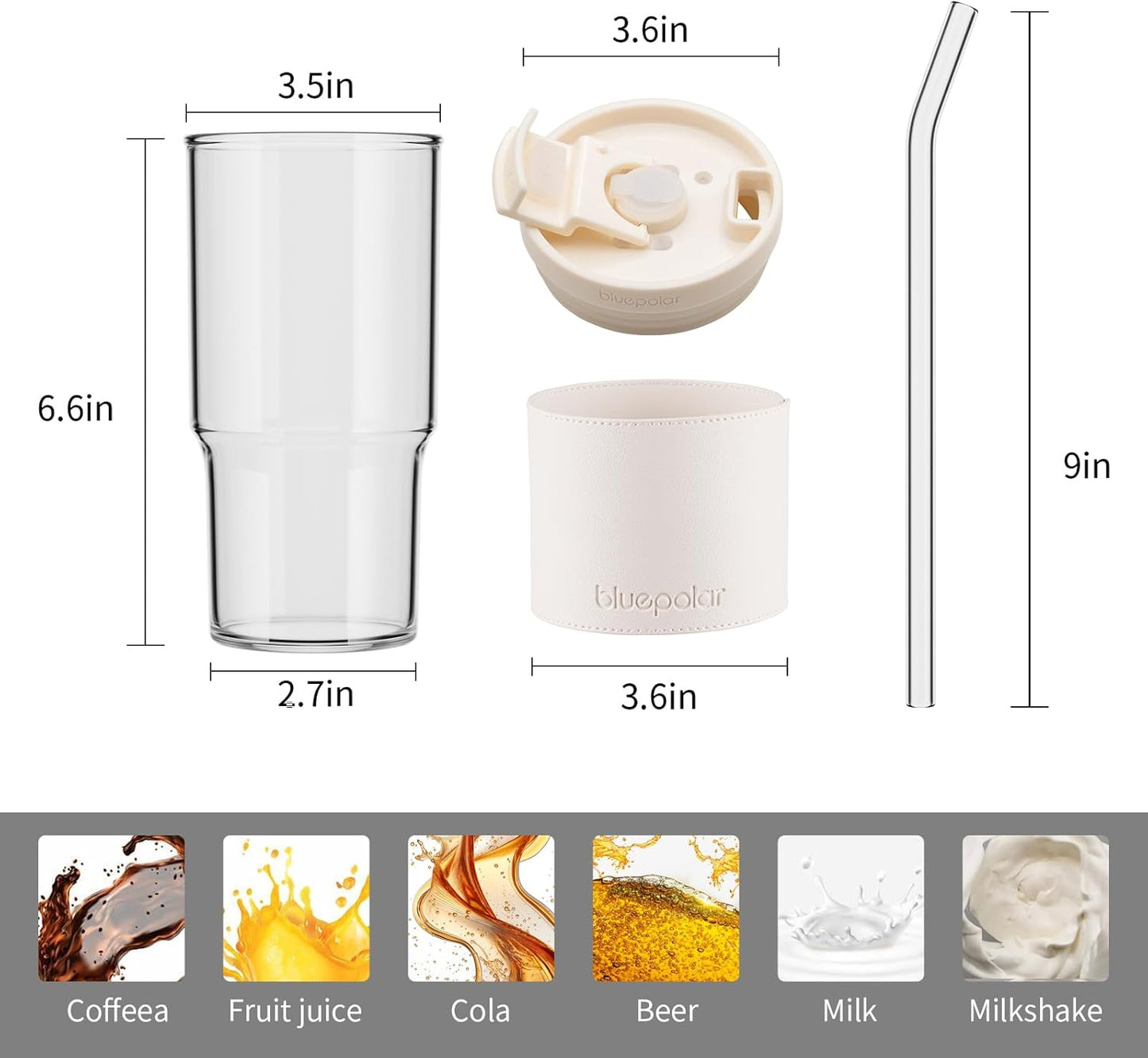 Iced Coffee Glasses with Lids and Straws,Car Cup Holder Friendly, Leakproof Portable Tumblers for Cold Brew, Juice & Smoothie, Ideal for Travel, Office & Gym, BPA-Free (23oz-White with Leather Sleeve)