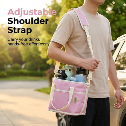 No-Spill Car Drink Carrier Bag, 2026 New, Insulated Bag, Adjustable Strap Water Bottle Bag for Travel, Family Size Organizer with Picnic, Nylon Caddy for Family (Pink)