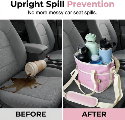No-Spill Car Drink Carrier Bag, 2026 New, Insulated Bag, Adjustable Strap Water Bottle Bag for Travel, Family Size Organizer with Picnic, Nylon Caddy for Family (Pink)
