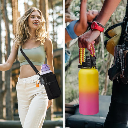 32/40/64OZ Insulated Water Bottle - Keep Cold 48H Hot 24H, Combo Straw/Spout Lids, Paracord Handle for Gym/Hiking, Carrier Bag +Strap, Cup Mat, BPA-Free Stainless Steel Flask Jug