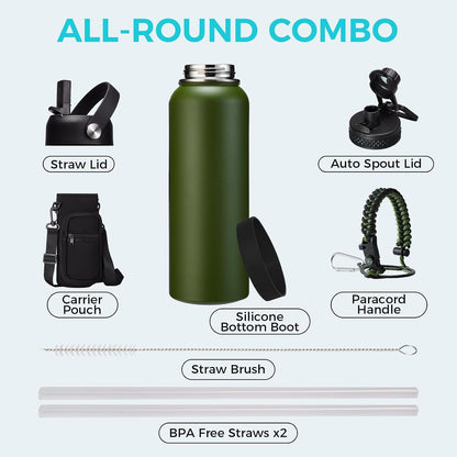 32/40/64OZ Insulated Water Bottle - Keep Cold 48H Hot 24H, Combo Straw/Spout Lids, Paracord Handle for Gym/Hiking, Carrier Bag +Strap, Cup Mat, BPA-Free Stainless Steel Flask Jug