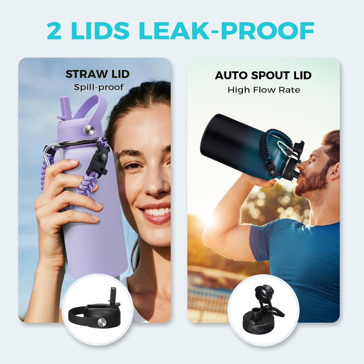 32/40/64OZ Insulated Water Bottle - Keep Cold 48H Hot 24H, Combo Straw/Spout Lids, Paracord Handle for Gym/Hiking, Carrier Bag +Strap, Cup Mat, BPA-Free Stainless Steel Flask Jug
