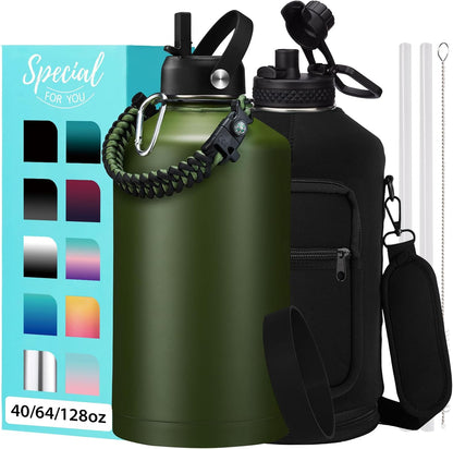 32/40/64OZ Insulated Water Bottle - Keep Cold 48H Hot 24H, Combo Straw/Spout Lids, Paracord Handle for Gym/Hiking, Carrier Bag +Strap, Cup Mat, BPA-Free Stainless Steel Flask Jug