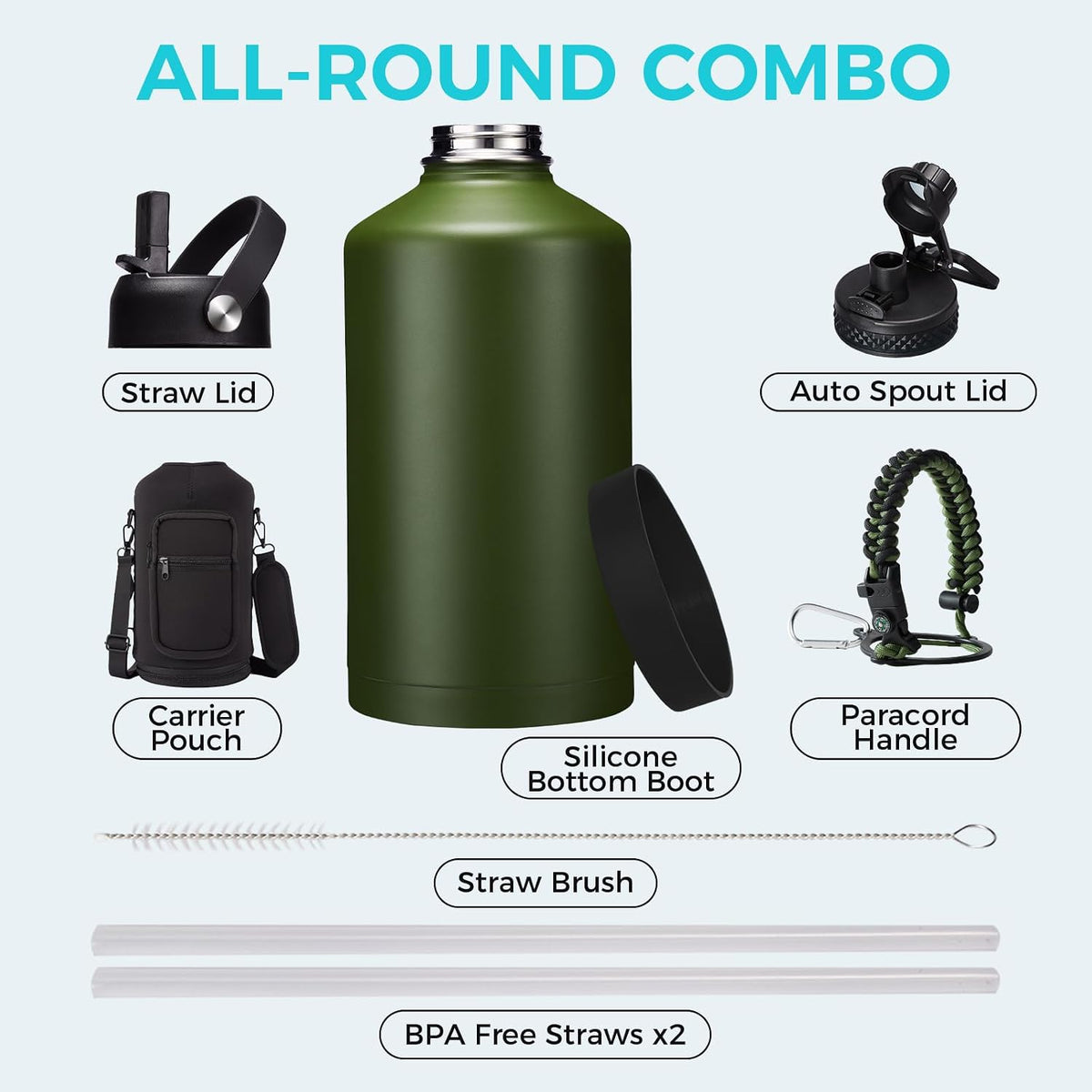 32/40/64OZ Insulated Water Bottle - Keep Cold 48H Hot 24H, Combo Straw/Spout Lids, Paracord Handle for Gym/Hiking, Carrier Bag +Strap, Cup Mat, BPA-Free Stainless Steel Flask Jug
