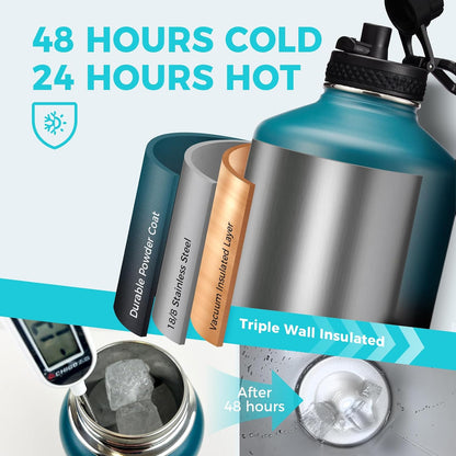 32/40/64OZ Insulated Water Bottle - Keep Cold 48H Hot 24H, Combo Straw/Spout Lids, Paracord Handle for Gym/Hiking, Carrier Bag +Strap, Cup Mat, BPA-Free Stainless Steel Flask Jug