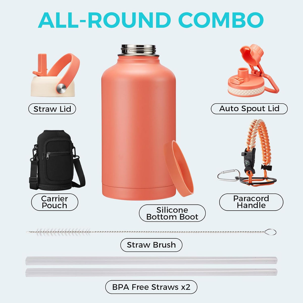 32/40/64OZ Insulated Water Bottle - Keep Cold 48H Hot 24H, Combo Straw/Spout Lids, Paracord Handle for Gym/Hiking, Carrier Bag +Strap, Cup Mat, BPA-Free Stainless Steel Flask Jug