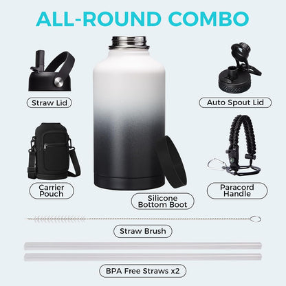 32/40/64OZ Insulated Water Bottle - Keep Cold 48H Hot 24H, Combo Straw/Spout Lids, Paracord Handle for Gym/Hiking, Carrier Bag +Strap, Cup Mat, BPA-Free Stainless Steel Flask Jug