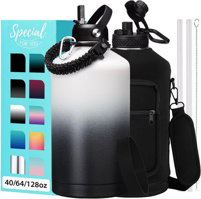 32/40/64OZ Insulated Water Bottle - Keep Cold 48H Hot 24H, Combo Straw/Spout Lids, Paracord Handle for Gym/Hiking, Carrier Bag +Strap, Cup Mat, BPA-Free Stainless Steel Flask Jug