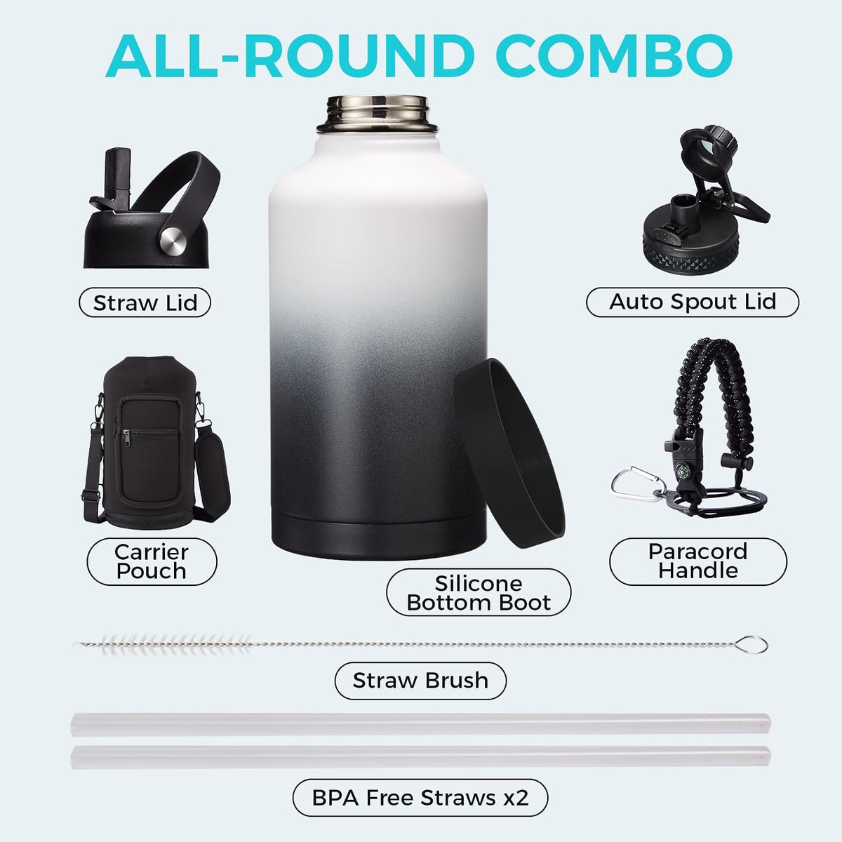 32/40/64OZ Insulated Water Bottle - Keep Cold 48H Hot 24H, Combo Straw/Spout Lids, Paracord Handle for Gym/Hiking, Carrier Bag +Strap, Cup Mat, BPA-Free Stainless Steel Flask Jug