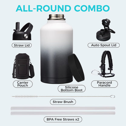 32/40/64OZ Insulated Water Bottle - Keep Cold 48H Hot 24H, Combo Straw/Spout Lids, Paracord Handle for Gym/Hiking, Carrier Bag +Strap, Cup Mat, BPA-Free Stainless Steel Flask Jug