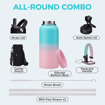 32/40/64OZ Insulated Water Bottle - Keep Cold 48H Hot 24H, Combo Straw/Spout Lids, Paracord Handle for Gym/Hiking, Carrier Bag +Strap, Cup Mat, BPA-Free Stainless Steel Flask Jug