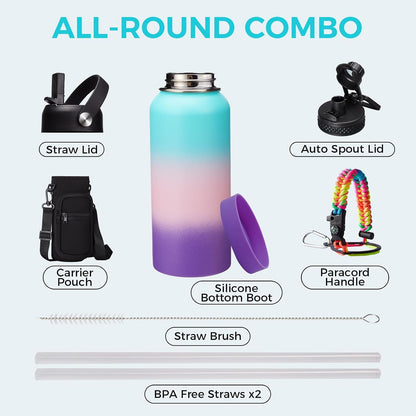 32/40/64OZ Insulated Water Bottle - Keep Cold 48H Hot 24H, Combo Straw/Spout Lids, Paracord Handle for Gym/Hiking, Carrier Bag +Strap, Cup Mat, BPA-Free Stainless Steel Flask Jug