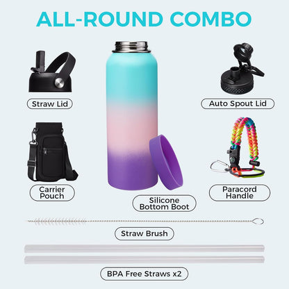 32/40/64OZ Insulated Water Bottle - Keep Cold 48H Hot 24H, Combo Straw/Spout Lids, Paracord Handle for Gym/Hiking, Carrier Bag +Strap, Cup Mat, BPA-Free Stainless Steel Flask Jug