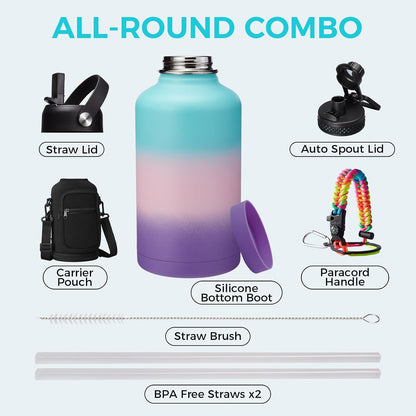 32/40/64OZ Insulated Water Bottle - Keep Cold 48H Hot 24H, Combo Straw/Spout Lids, Paracord Handle for Gym/Hiking, Carrier Bag +Strap, Cup Mat, BPA-Free Stainless Steel Flask Jug