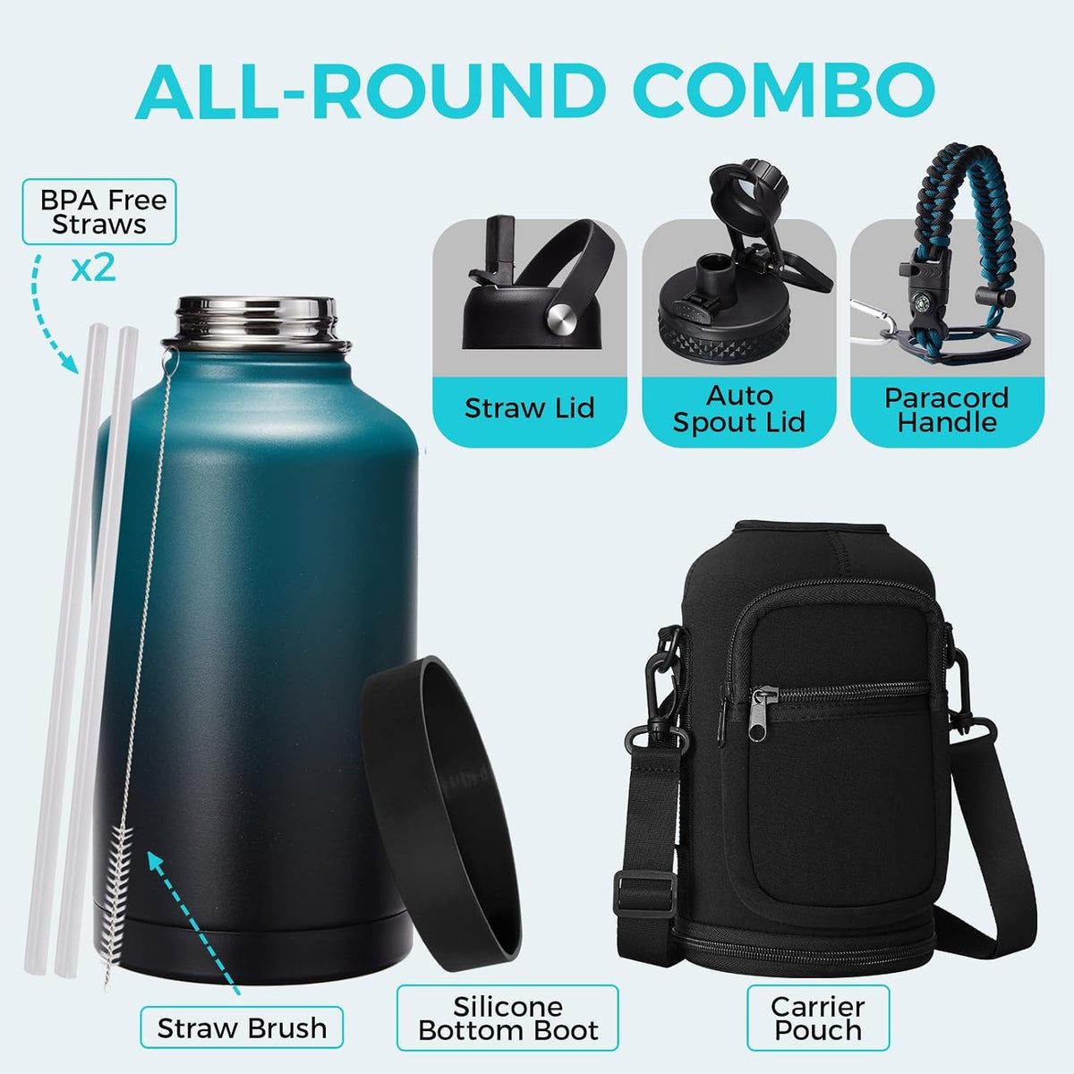 32/40/64OZ Insulated Water Bottle - Keep Cold 48H Hot 24H, Combo Straw/Spout Lids, Paracord Handle for Gym/Hiking, Carrier Bag +Strap, Cup Mat, BPA-Free Stainless Steel Flask Jug