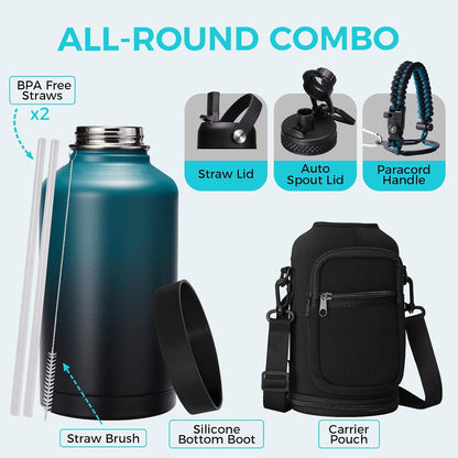 32/40/64OZ Insulated Water Bottle - Keep Cold 48H Hot 24H, Combo Straw/Spout Lids, Paracord Handle for Gym/Hiking, Carrier Bag +Strap, Cup Mat, BPA-Free Stainless Steel Flask Jug