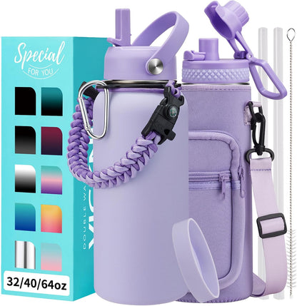 32/40/64OZ Insulated Water Bottle - Keep Cold 48H Hot 24H, Combo Straw/Spout Lids, Paracord Handle for Gym/Hiking, Carrier Bag +Strap, Cup Mat, BPA-Free Stainless Steel Flask Jug