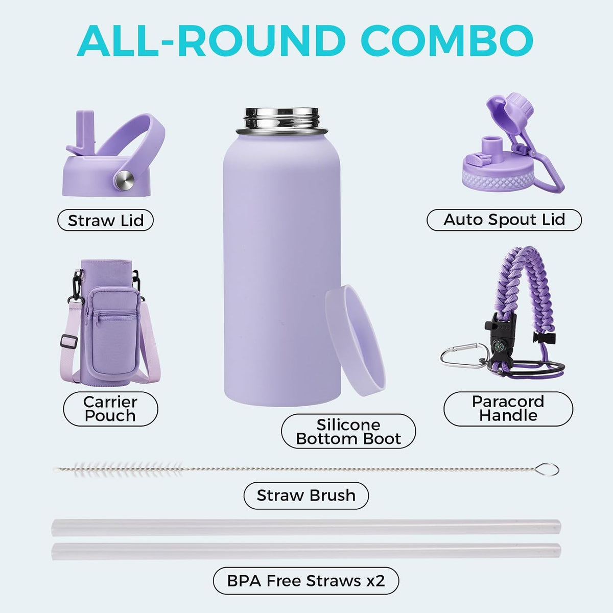 32/40/64OZ Insulated Water Bottle - Keep Cold 48H Hot 24H, Combo Straw/Spout Lids, Paracord Handle for Gym/Hiking, Carrier Bag +Strap, Cup Mat, BPA-Free Stainless Steel Flask Jug