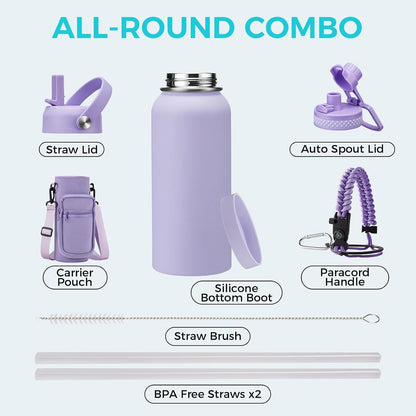 32/40/64OZ Insulated Water Bottle - Keep Cold 48H Hot 24H, Combo Straw/Spout Lids, Paracord Handle for Gym/Hiking, Carrier Bag +Strap, Cup Mat, BPA-Free Stainless Steel Flask Jug