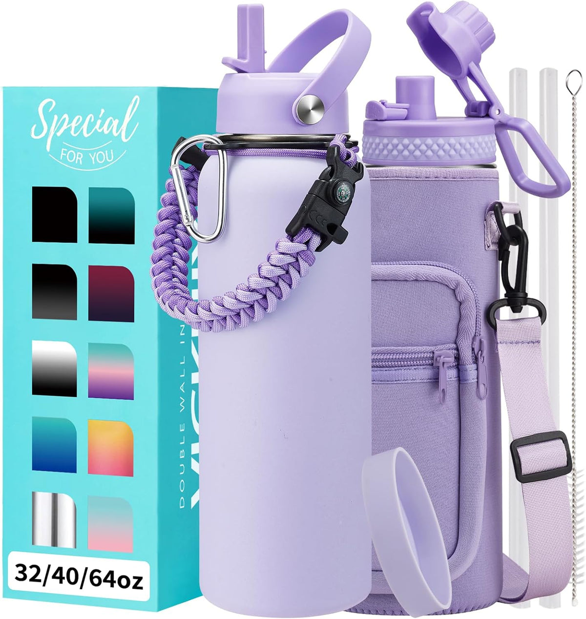 32/40/64OZ Insulated Water Bottle - Keep Cold 48H Hot 24H, Combo Straw/Spout Lids, Paracord Handle for Gym/Hiking, Carrier Bag +Strap, Cup Mat, BPA-Free Stainless Steel Flask Jug