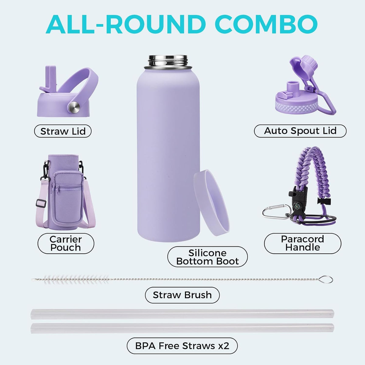 32/40/64OZ Insulated Water Bottle - Keep Cold 48H Hot 24H, Combo Straw/Spout Lids, Paracord Handle for Gym/Hiking, Carrier Bag +Strap, Cup Mat, BPA-Free Stainless Steel Flask Jug