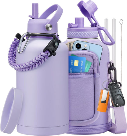 32/40/64OZ Insulated Water Bottle - Keep Cold 48H Hot 24H, Combo Straw/Spout Lids, Paracord Handle for Gym/Hiking, Carrier Bag +Strap, Cup Mat, BPA-Free Stainless Steel Flask Jug