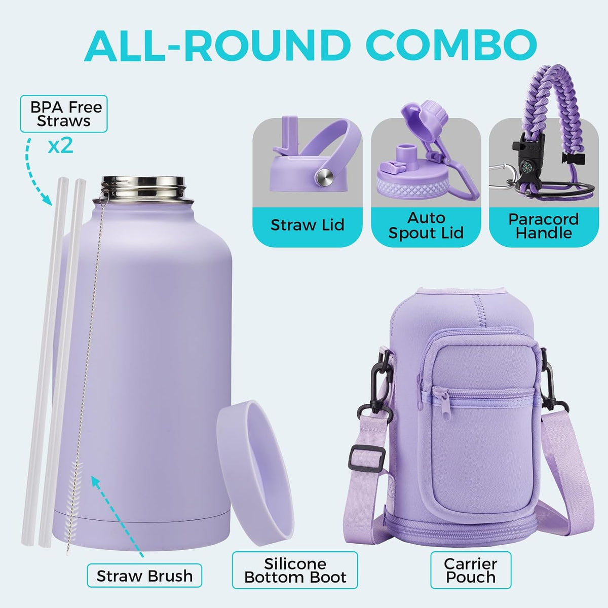 32/40/64OZ Insulated Water Bottle - Keep Cold 48H Hot 24H, Combo Straw/Spout Lids, Paracord Handle for Gym/Hiking, Carrier Bag +Strap, Cup Mat, BPA-Free Stainless Steel Flask Jug