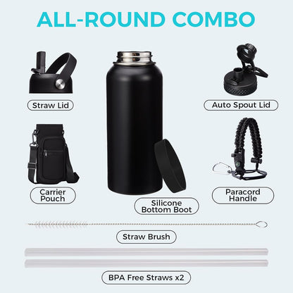 32/40/64OZ Insulated Water Bottle - Keep Cold 48H Hot 24H, Combo Straw/Spout Lids, Paracord Handle for Gym/Hiking, Carrier Bag +Strap, Cup Mat, BPA-Free Stainless Steel Flask Jug