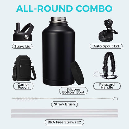 32/40/64OZ Insulated Water Bottle - Keep Cold 48H Hot 24H, Combo Straw/Spout Lids, Paracord Handle for Gym/Hiking, Carrier Bag +Strap, Cup Mat, BPA-Free Stainless Steel Flask Jug
