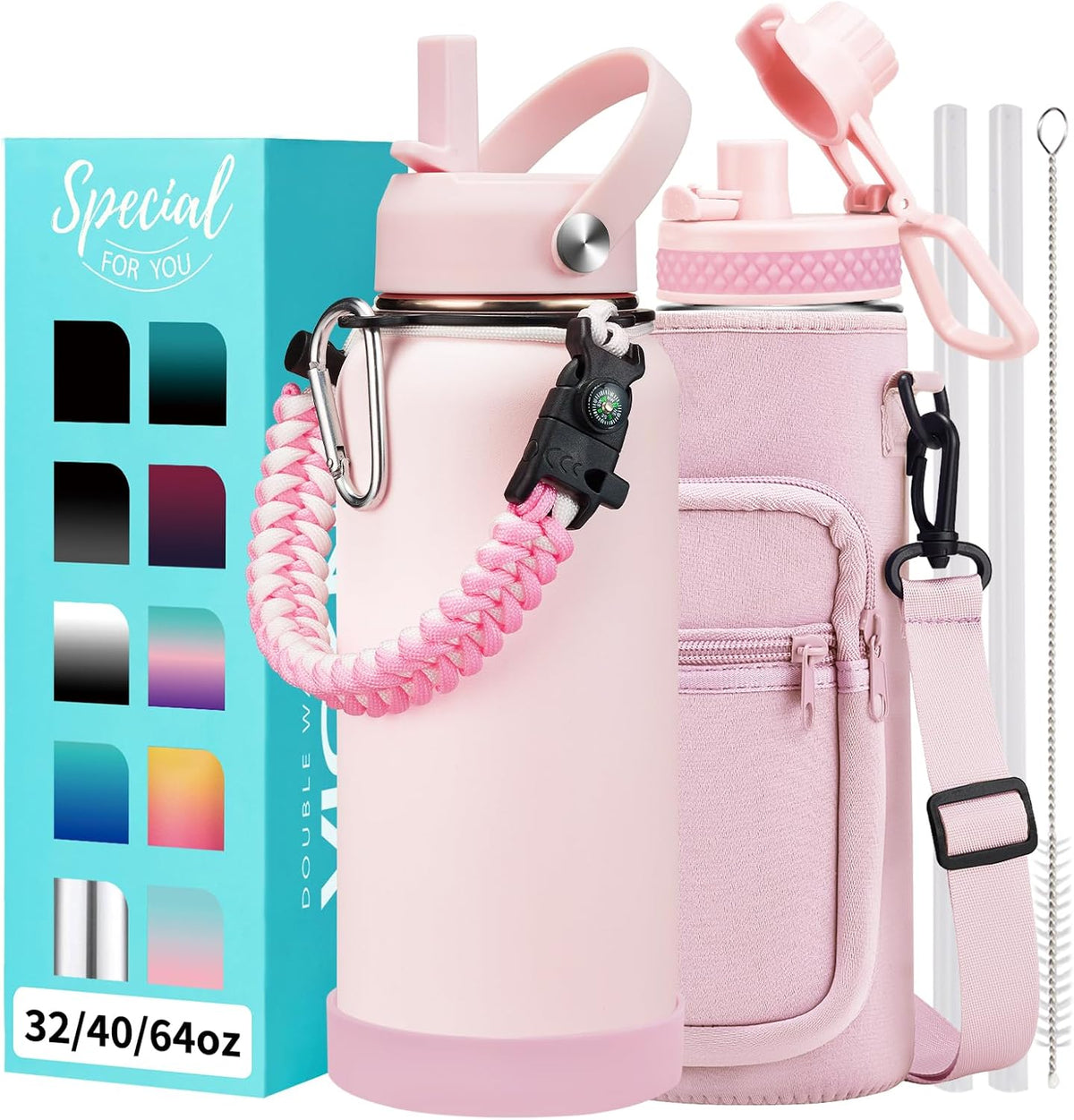 32/40/64OZ Insulated Water Bottle - Keep Cold 48H Hot 24H, Combo Straw/Spout Lids, Paracord Handle for Gym/Hiking, Carrier Bag +Strap, Cup Mat, BPA-Free Stainless Steel Flask Jug