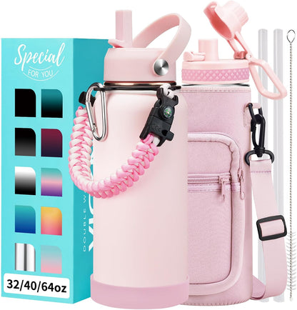 32/40/64OZ Insulated Water Bottle - Keep Cold 48H Hot 24H, Combo Straw/Spout Lids, Paracord Handle for Gym/Hiking, Carrier Bag +Strap, Cup Mat, BPA-Free Stainless Steel Flask Jug