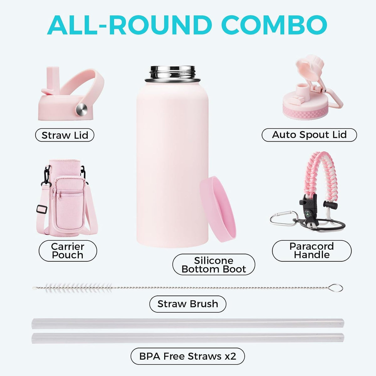 32/40/64OZ Insulated Water Bottle - Keep Cold 48H Hot 24H, Combo Straw/Spout Lids, Paracord Handle for Gym/Hiking, Carrier Bag +Strap, Cup Mat, BPA-Free Stainless Steel Flask Jug