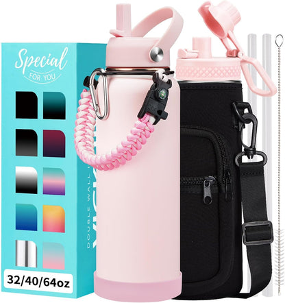 32/40/64OZ Insulated Water Bottle - Keep Cold 48H Hot 24H, Combo Straw/Spout Lids, Paracord Handle for Gym/Hiking, Carrier Bag +Strap, Cup Mat, BPA-Free Stainless Steel Flask Jug